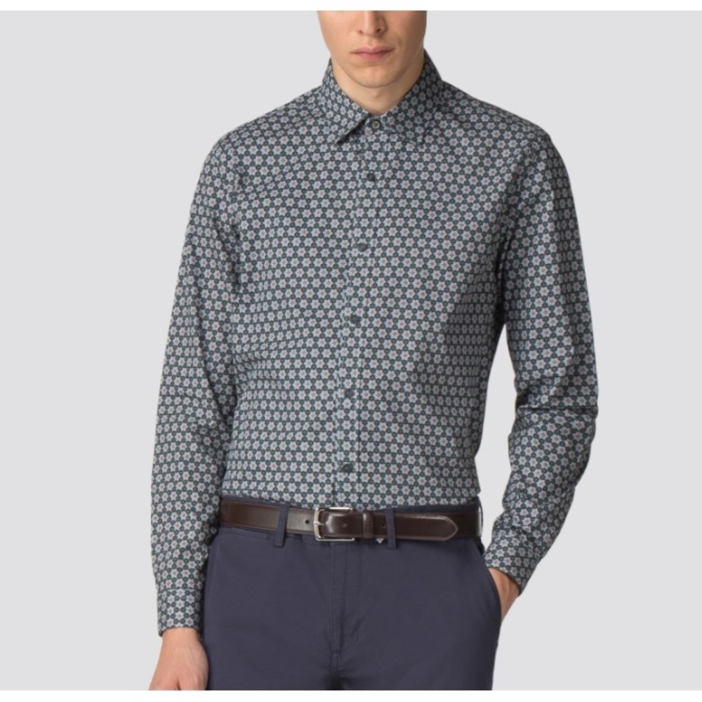 Ben‎ Sherman Soho Slim Fit Floral Button Up Shirt Mens L Navy Blue White Retro